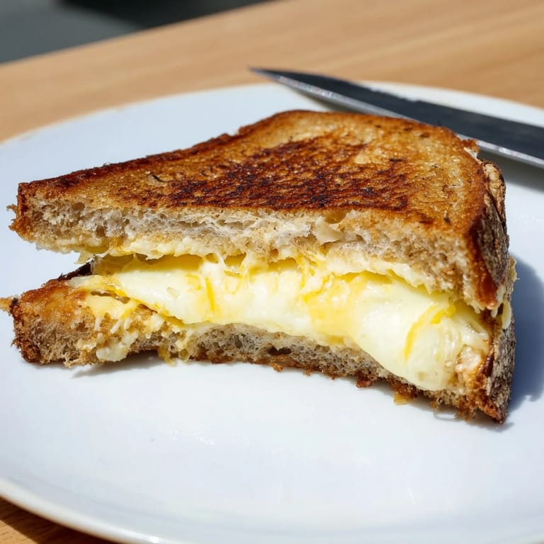Close-up on the Triple Cheese Sourdough Grilled Cheese, featuring oozing mozzarella and crispy sourdough crust next to a steaming bowl of tomato soup.