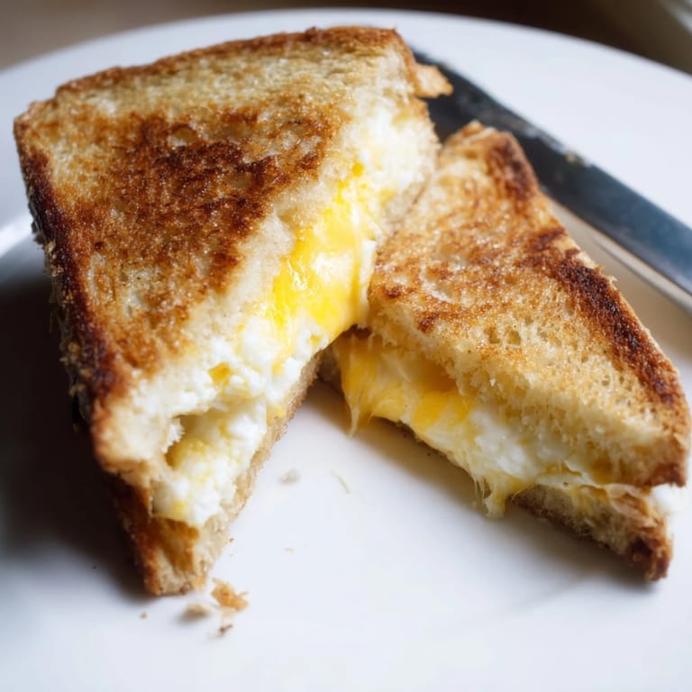 Rustic plating of the Triple Cheese Sourdough Grilled Cheese, cut diagonally to reveal the rich, three-cheese filling, served with a side salad.