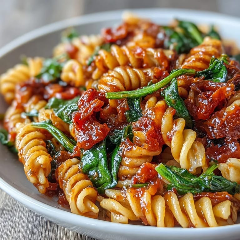 Serving suggestion for Tomato Spinach One-Pot Rotini: a steaming bowl topped with grated Parmesan and crusty bread on the side.