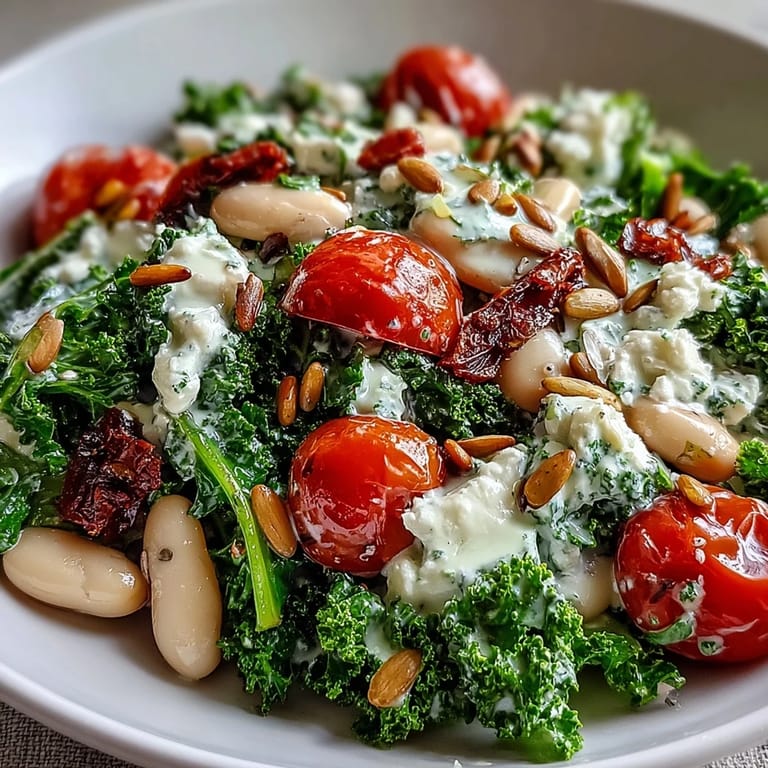 Hearty White Bean and Kale Salad bursting with fresh veggies and seeds.
