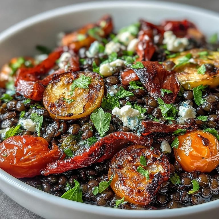 A rustic platter of Black Lentil Salad with Roasted Vegetables, ready to serve alongside grilled chicken or salmon for dinner.