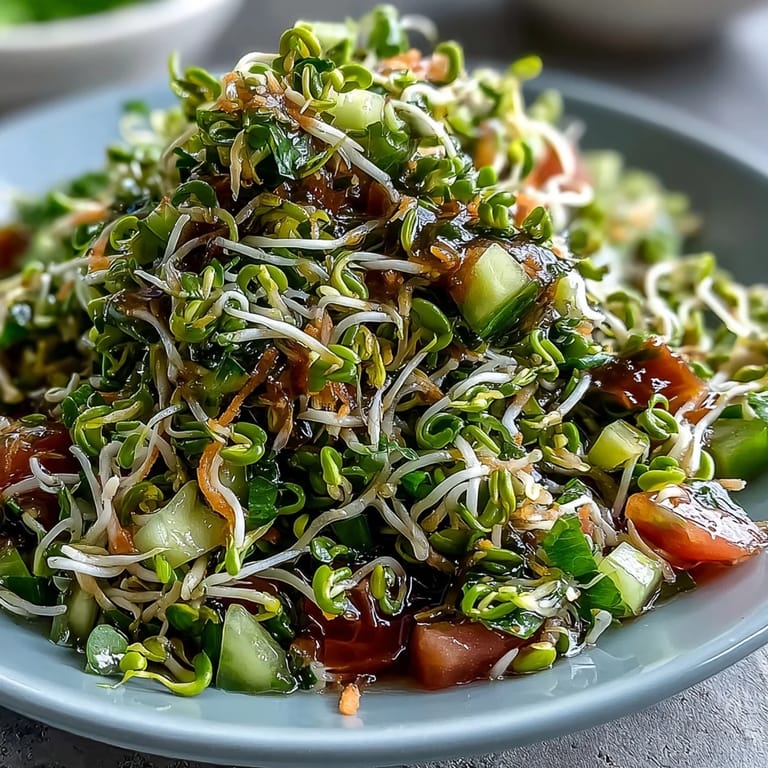 Freshly prepared Sprouted Seed Salad featuring crunchy sprouts and vegetables, topped with a light lemon-olive oil dressing and a sprinkle of cilantro.