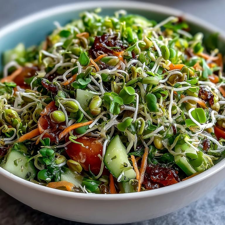 Healthy vegan Sprouted Seed Salad served as a refreshing side, with grated carrot and juicy tomato adding vibrant color and texture to the bowl.