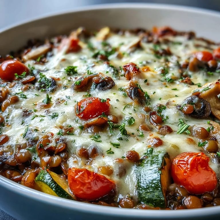 A close-up shows the green lentil and vegetable casserole, bursting with tender carrots, zucchini, and cherry tomatoes.