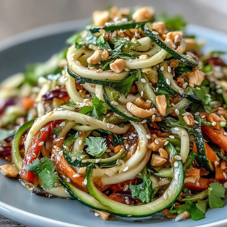 A close-up of the vegan Raw Vegetable Noodle Salad with a glossy sesame-ginger glaze, highlighting fresh green onions and an optional sprinkle of chopped peanuts.