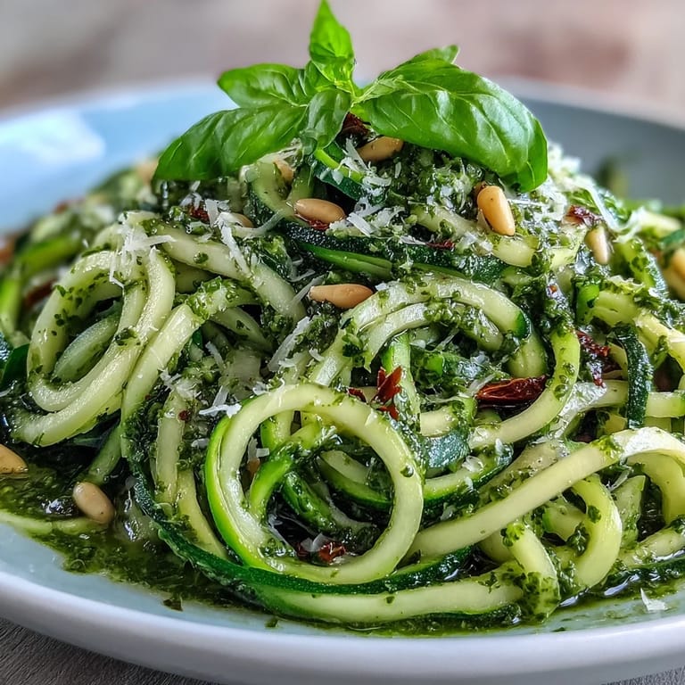 Hearty bowl of freshly sautéed zucchini noodles tossed in vibrant green basil pesto, with pine nuts and a sprinkle of red pepper flakes for a spicy kick.
