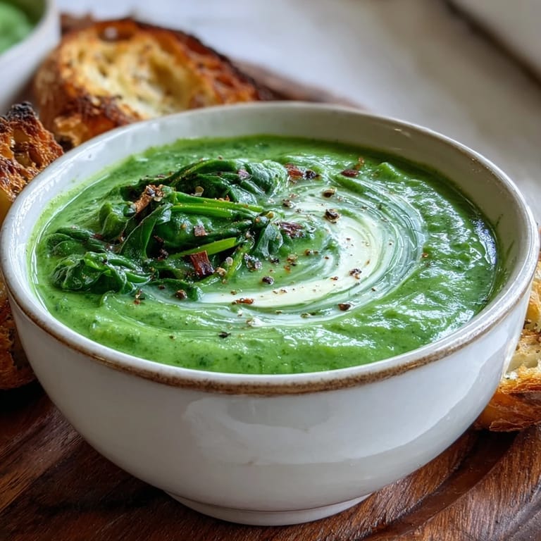 Vibrant green spinach soup simmering in a pot, with aromatic onions and garlic creating a velvety, comforting texture.