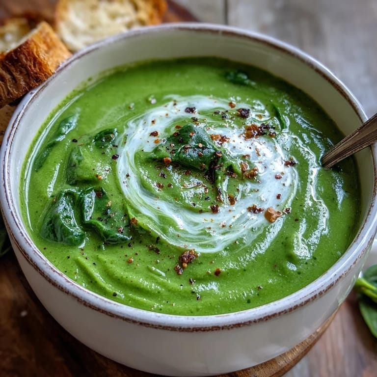 Spinach soup ladled into a rustic white bowl, perfect alongside crusty bread for a satisfying vegetarian dinner.