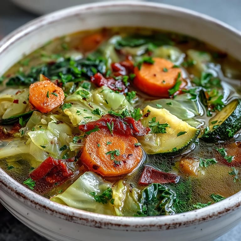 Healthy vegan Cabbage Soup served hot in a rustic bowl, garnished with fresh parsley and a lemon wedge.
