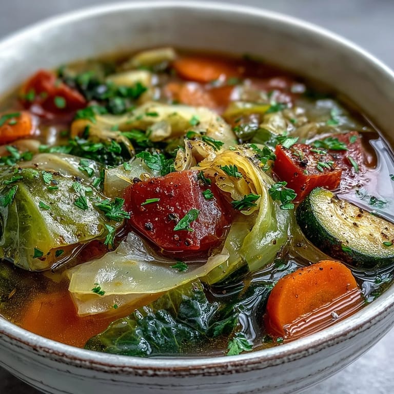 Colorful homemade Cabbage Soup with vibrant red bell peppers and zucchini, perfect for a light and nutritious lunch.