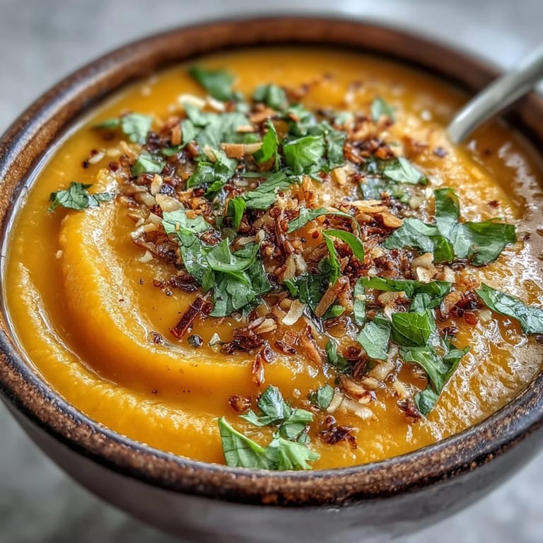 Velvety Carrot and Coconut Soup topped with cilantro and toasted coconut, served beside warm artisanal bread for dipping.