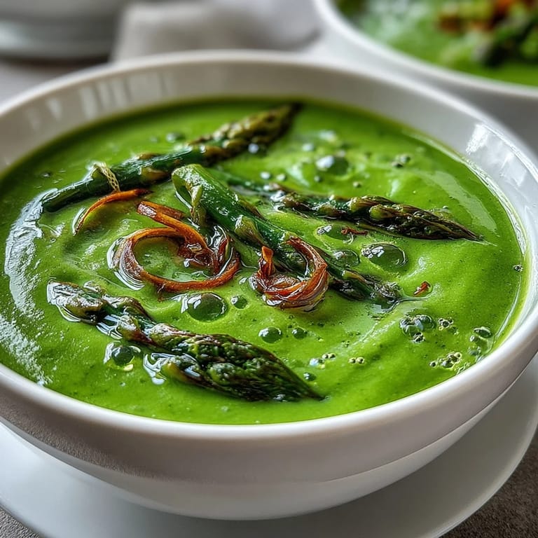 Elegant bowl of vegetarian Asparagus Soup topped with blanched asparagus tips, chives, and nutmeg, ready to serve on a wooden table.