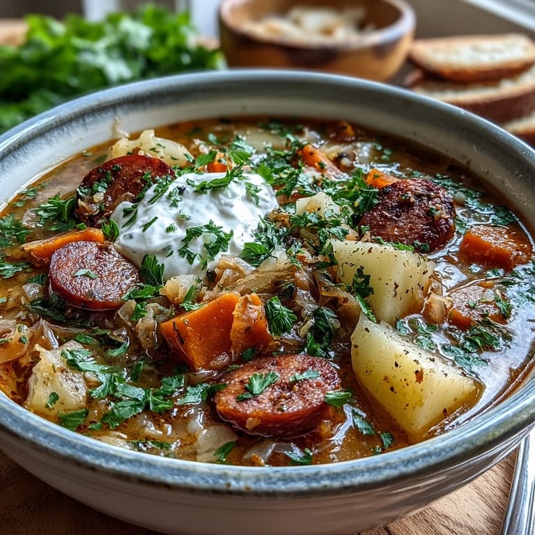 Comforting Sauerkraut Soup ladled into rustic bowls, showcasing fermented cabbage, vegetables, and herbs for a cozy, gut-healthy Central European meal.