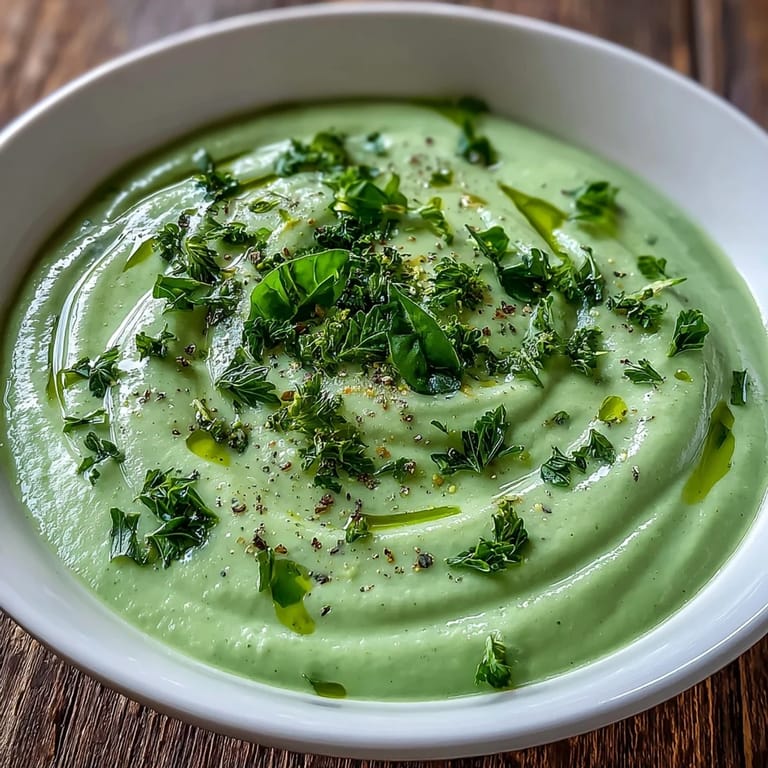 Vibrant bowl of puréed Zucchini Soup drizzled with olive oil, featuring fresh thyme and a rustic spoon.