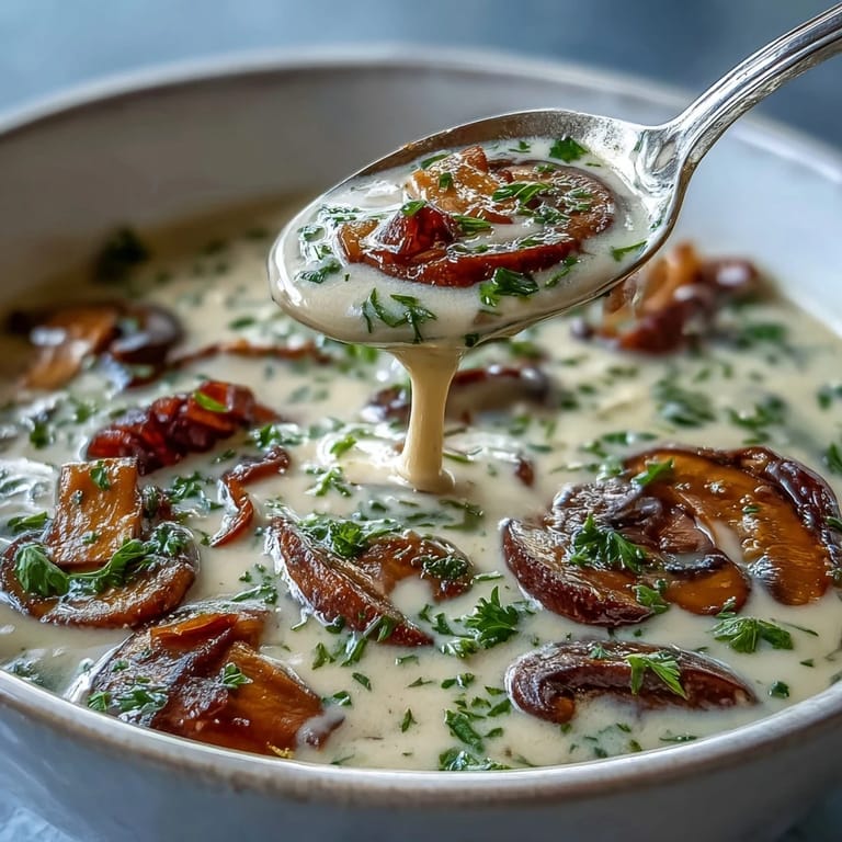 Hearty mushroom soup simmering in a pot with vegetables, ready to be blended for a velvety, comforting texture.