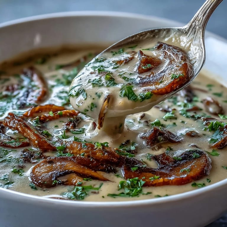 Homemade mushroom soup served with crusty bread, highlighting the golden cream swirl and finely chopped mushroom pieces.