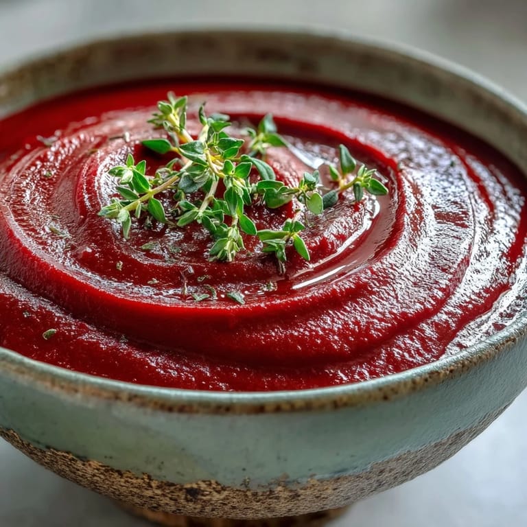 Close-up of velvety roasted beet soup with vibrant magenta color, served hot as a light appetizer.
