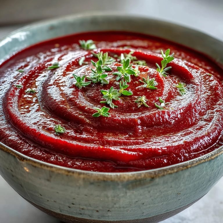 Spoon dipping into a warm bowl of roasted beet soup, paired with crusty bread on the side.