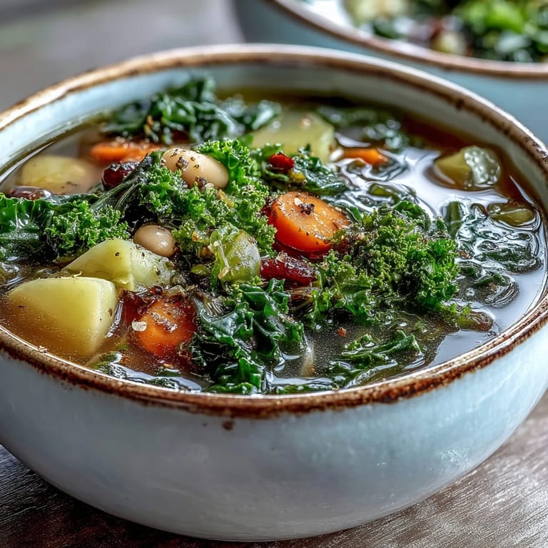 Kale Soup simmering in a pot, featuring tender carrots, celery, and white beans in a hearty broth.