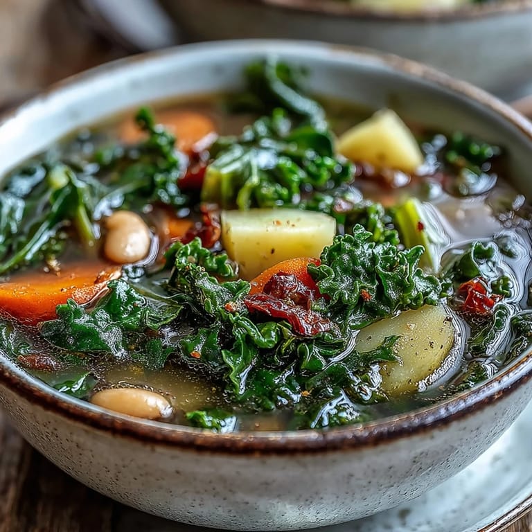 Close-up of a ladle pouring Kale Soup into a rustic bowl, ready to be enjoyed.