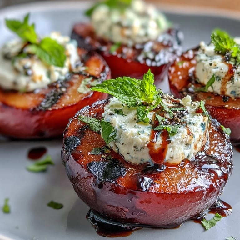 Golden Balsamic-Goat Cheese Grilled Plums garnished with mint, resting on a warm serving dish.