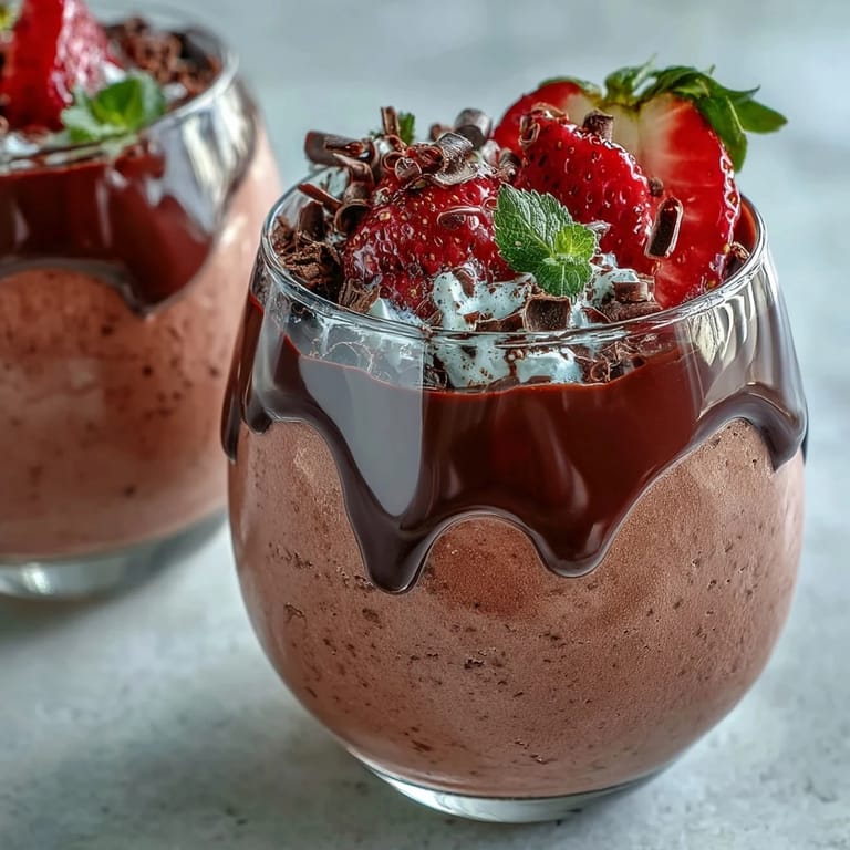 A spoonful of airy Chocolate-Covered Strawberry Mousse, featuring silky ganache and fresh strawberry garnish on a marble counter.