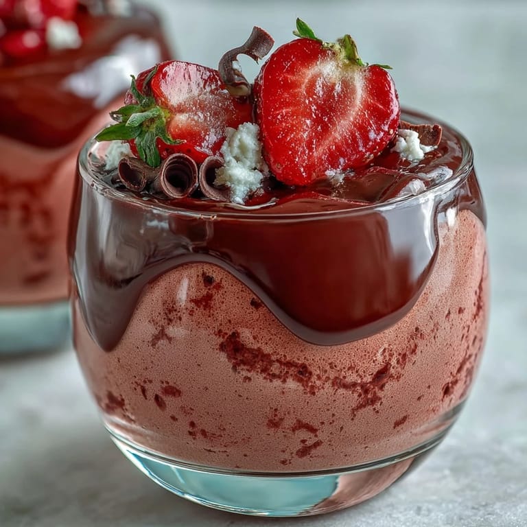 Elegant dessert glasses of Chocolate-Covered Strawberry Mousse with mint and shaved chocolate, ready for a romantic dinner party.