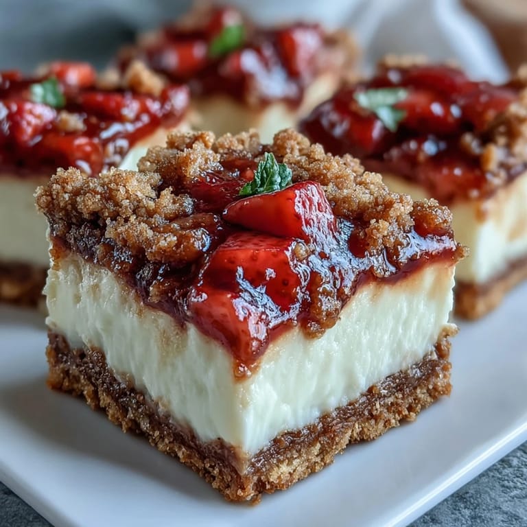 Golden baked Strawberry Cheesecake Bars topped with cinnamon streusel and juicy strawberries.