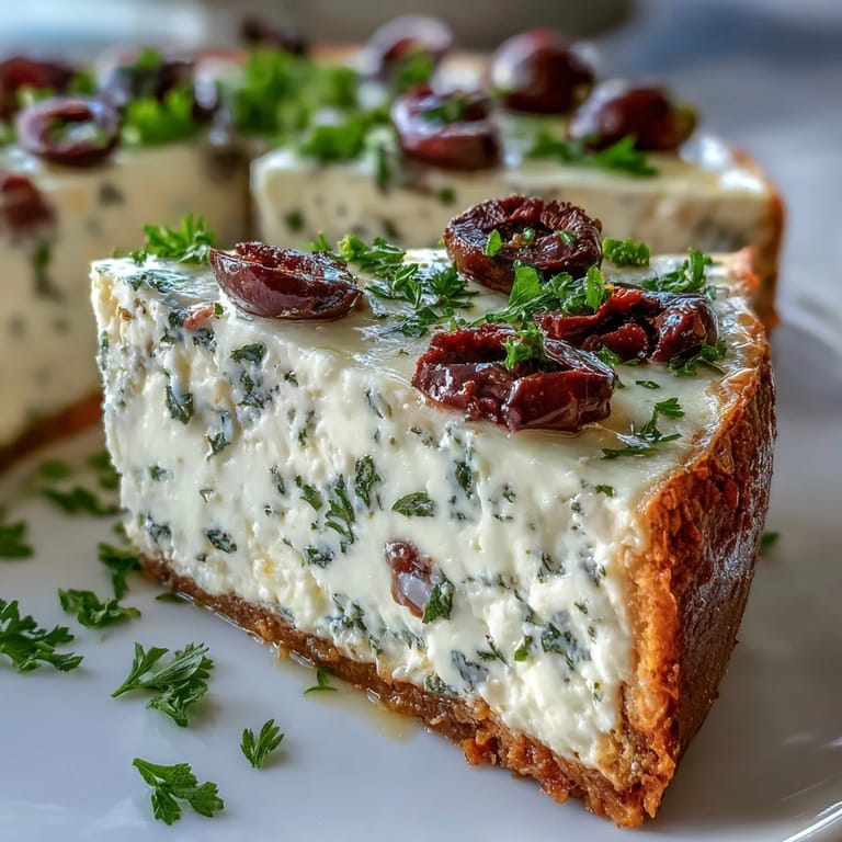 Overhead view of a baked Kalamata Cheesecake Appetizer garnished with parsley and olive oil, ready to slice and serve.