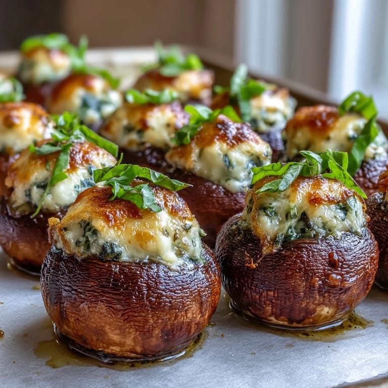 Close-up of Stuffed Asiago-Basil Mushrooms revealing a creamy Asiago and herb filling inside tender cremini caps, ready to be enjoyed.