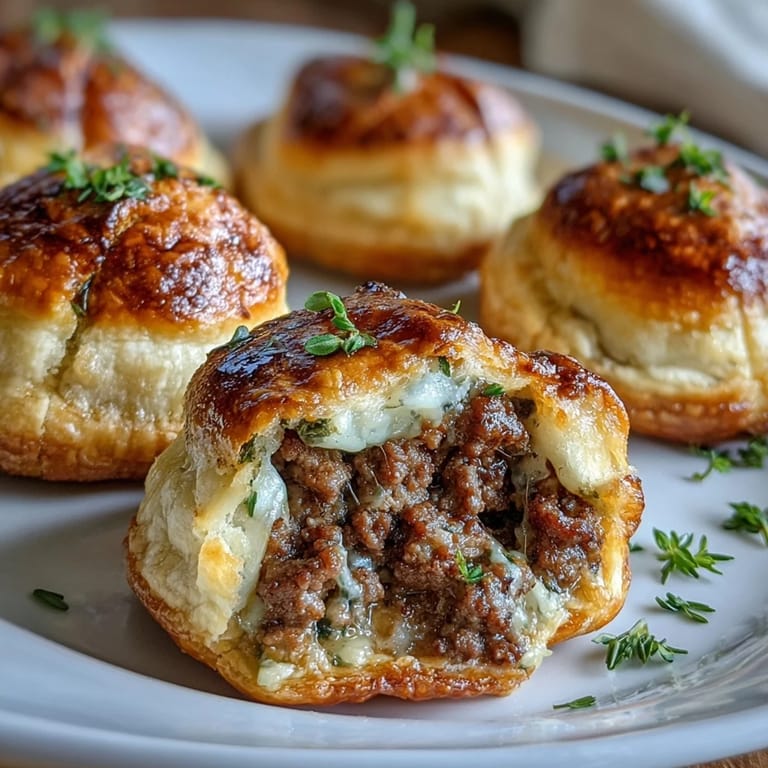 Freshly baked Mini Beef Tourtières showing the crimped edges and rich, spiced beef filling.