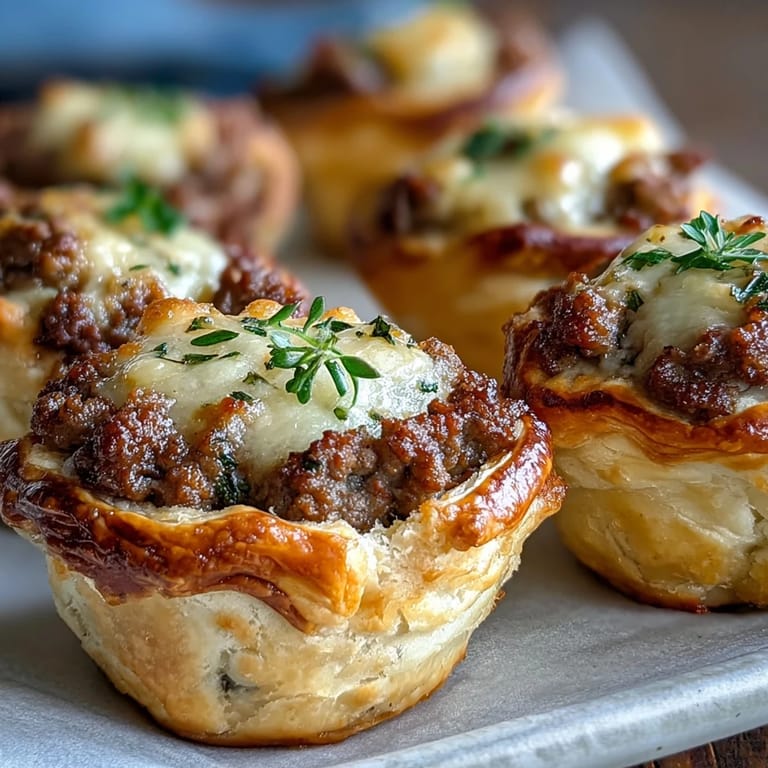 Eight Mini Beef Tourtières arranged on a dark plate with cranberry chutney for dipping. 