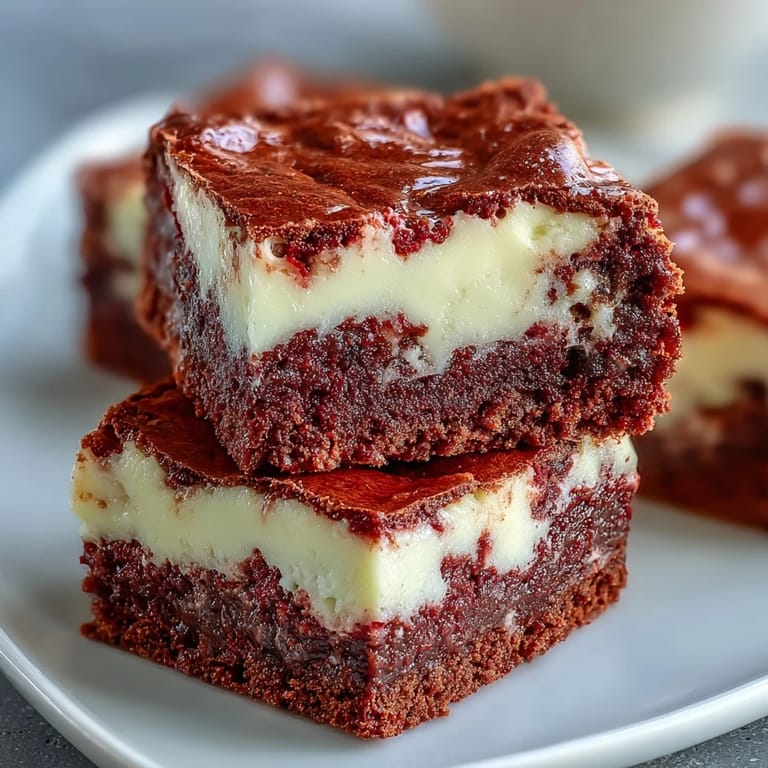 A close-up of a fudgy Red Velvet Cheesecake Brownie showcasing the rich cocoa texture and marbled cream cheese topping.