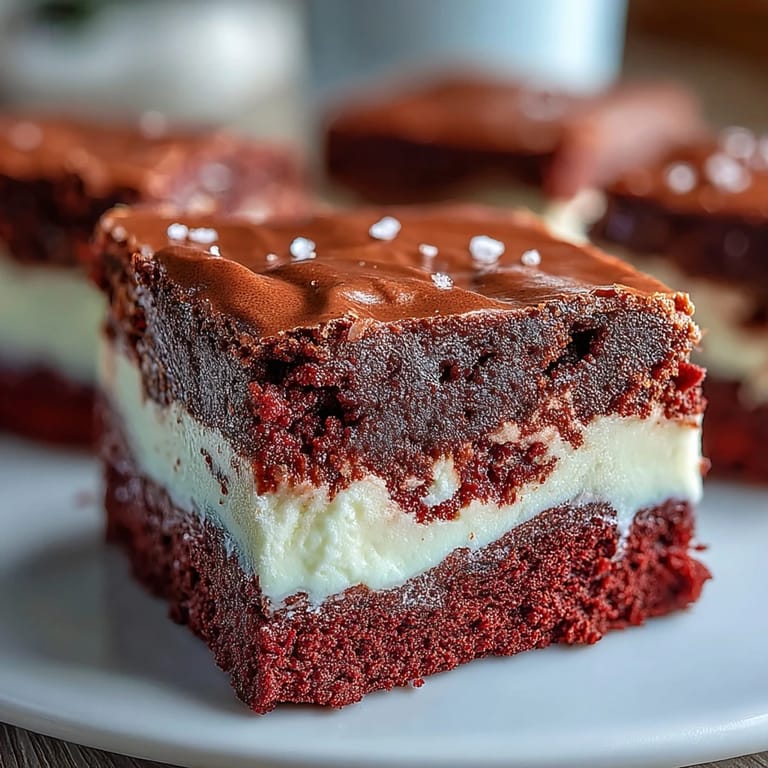Indulgent Red Velvet Cheesecake Brownies cut into neat squares, perfect for a festive American dessert platter or holiday gathering.