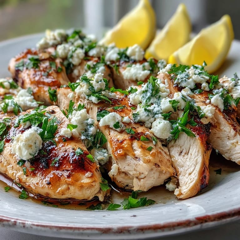 Juicy Greek Chicken with Lemon and Feta served alongside a fresh salad and lemon wedges.