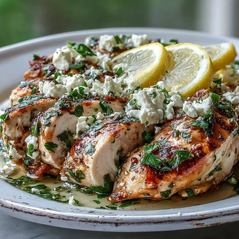 Sizzling Greek Chicken with Lemon and Feta cooking in a skillet topped with crumbled cheese.