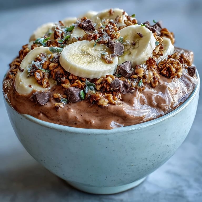 A thick, chocolatey Chunky Monkey Smoothie Bowl ready to eat, featuring a peanut butter base and generous toppings.
