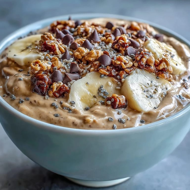 Close-up of a Chunky Monkey Smoothie Bowl, showing a rich cocoa smoothie topped with fresh banana slices and crunchy granola.