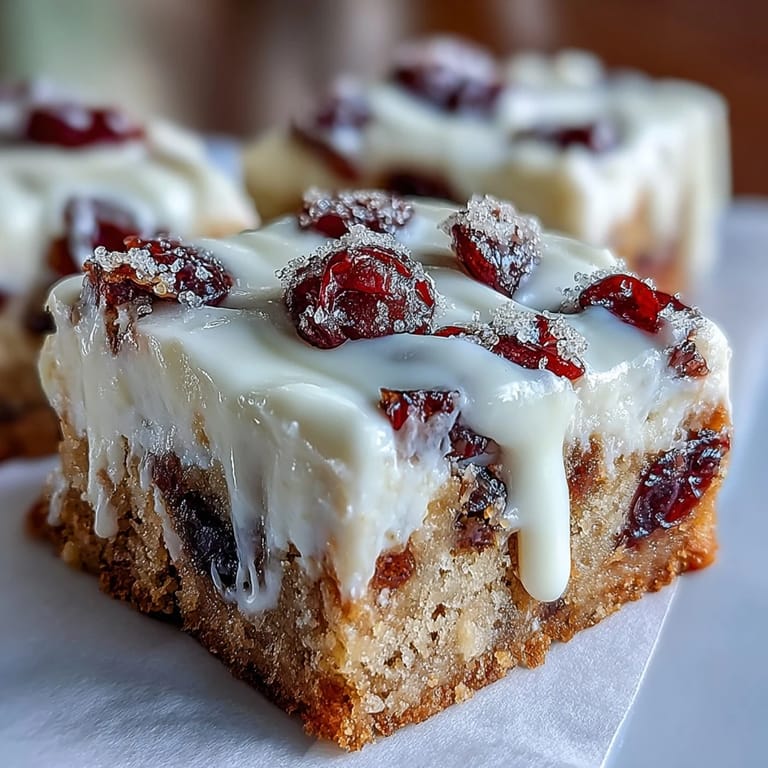 Frosted Cranberry Bliss Bars garnished with dried cranberries and white chocolate, perfect for a holiday dessert platter.