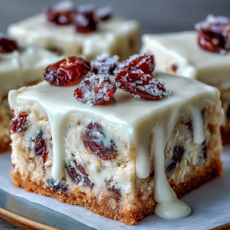 A close-up of Cranberry Bliss Bars with zesty orange cream cheese frosting and white chocolate drizzle, ready to serve.