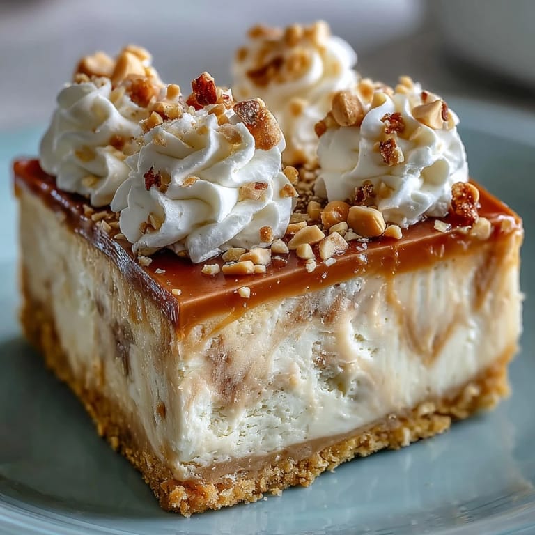 A thick slice of Nutter Butter cheesecake is topped with fluffy whipped cream and chopped peanuts.