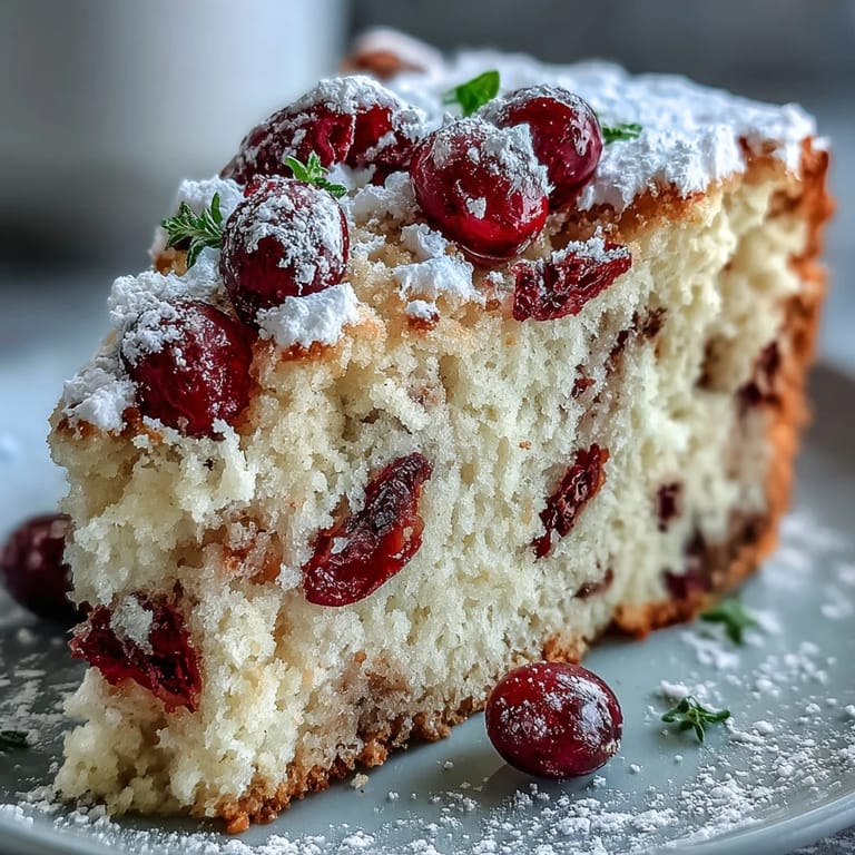 Whole Cranberry Orange Breakfast Cake dusted with powdered sugar, perfect for a cozy brunch with coffee or tea.