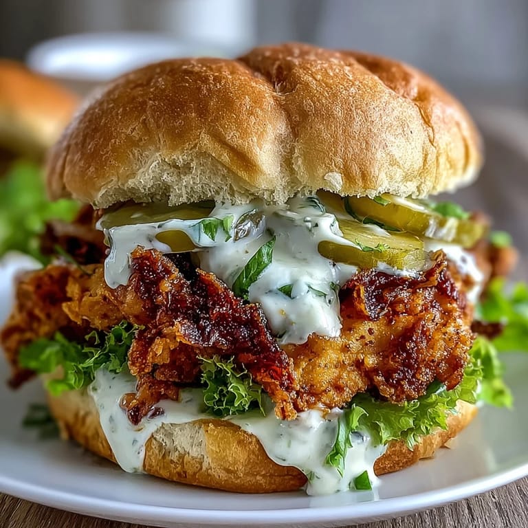 Homemade spicy chicken sandwich on a brioche bun with lettuce, pickles, and creamy sauce.