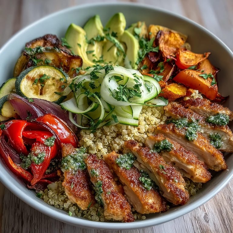 Served in a wide bowl, this Paprika Roasted Vegetable Quinoa Bowl shows roasted veggies, avocado, and tender chicken slices.