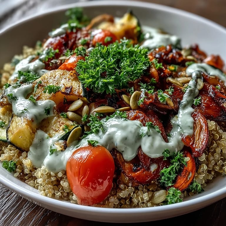 A close-up of roasted zucchini, bell peppers, and carrots over fluffy quinoa in a Roasted Vegetable Quinoa Bowl.