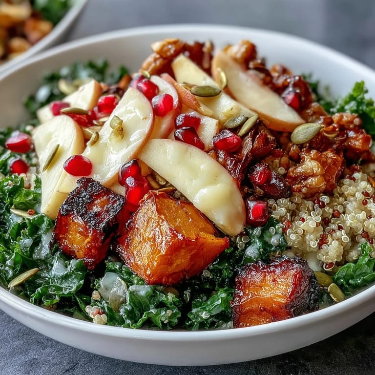 Nutrient-rich Kale Harvest Grain Bowl with tender sweet potatoes, juicy pomegranate, and toasted pumpkin seeds, drizzled with homemade maple-Dijon dressing.