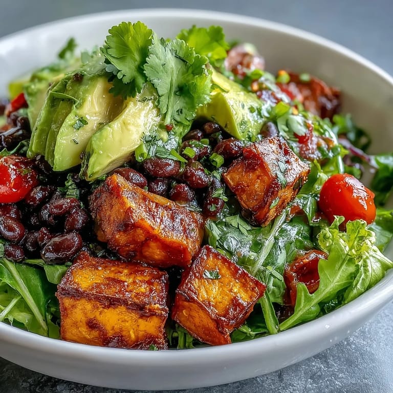 Colorful roasted sweet potatoes, black beans, fresh salsa, and creamy avocado slices in a healthy Tex-Mex inspired bowl.  
