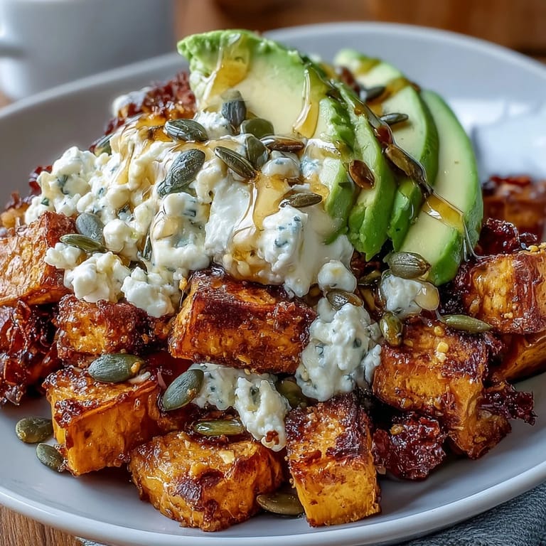 Golden roasted sweet potato cubes paired with sliced avocado, cottage cheese, and a drizzle of hot honey for a vibrant vegetarian meal.  