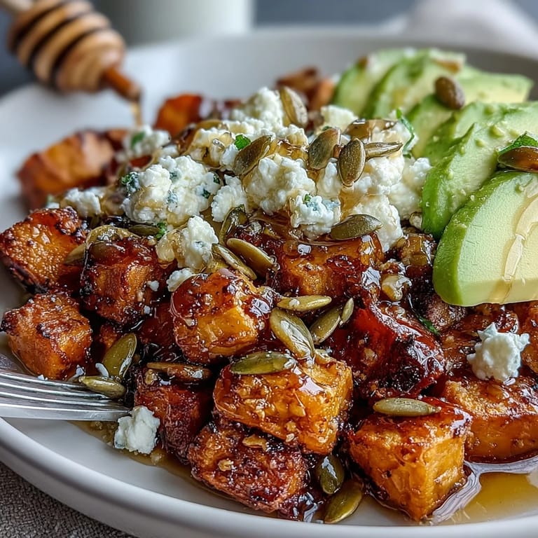 Crispy roasted sweet potatoes topped with avocado, cottage cheese, and a spicy-sweet hot honey drizzle in a nourishing vegetarian bowl.