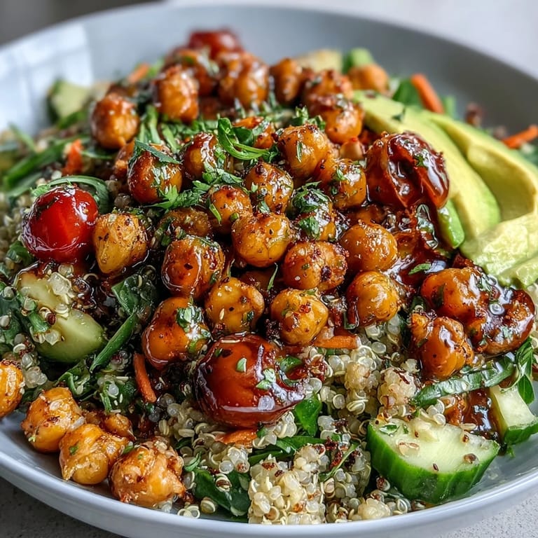 Colorful vegetarian grain bowls packed with roasted chickpeas, cherry tomatoes, cucumber, and creamy avocado, all tossed in a zesty lemon vinaigrette.